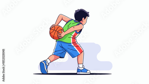 Young boy playing basketball with intense focus and determination on the court.