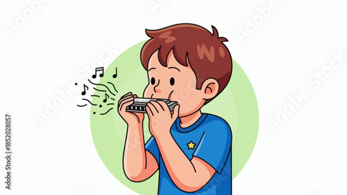 Young Boy Playing Harmonica with Musical Notes Illustration.