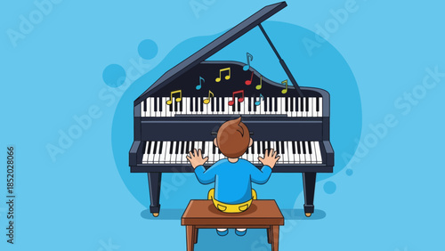 Young Boy Playing Grand Piano with Musical Notes Floating Above.