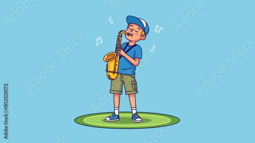 Young Boy Playing Saxophone with Enthusiasm and Musical Notes.