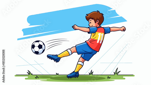 Young boy playing soccer kicking the ball with determination on a sunny day.