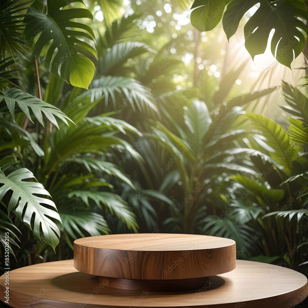 Fototapeta premium 3D rendered wooden podium with green tropical leaves for product display.