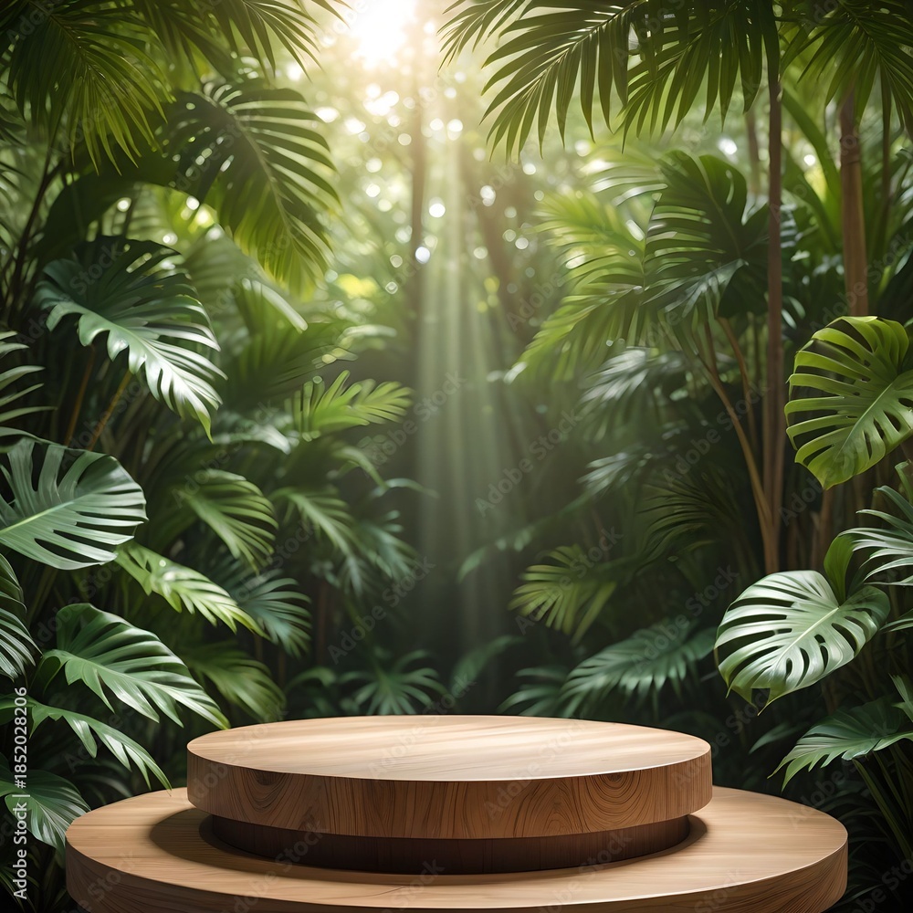 Fototapeta premium 3D rendered wooden podium with green tropical leaves for product display.