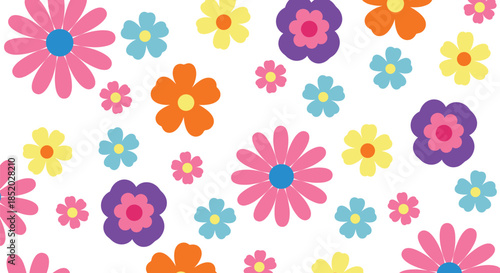 Seamless colorful flower pattern with vibrant spring blossoms and summer floral elements isolated on white background