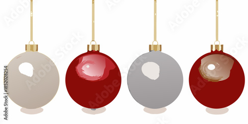 A row of colorful christmas ornaments hanging from golden cords