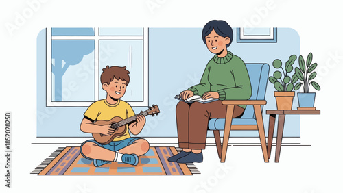 Young boy playing ukulele while adult watches fostering musical talent.