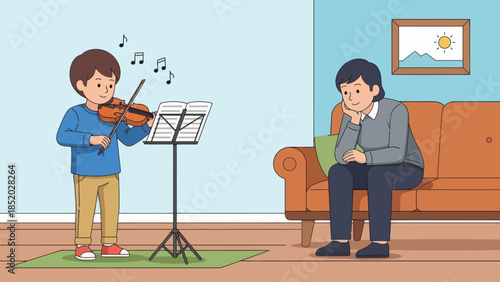 Young boy playing violin while adult man sits on sofa looking bored.