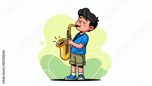Young boy playing the saxophone with passion and concentration.