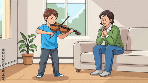 Young boy playing violin for his mother at home showcasing musical talent and family support.
