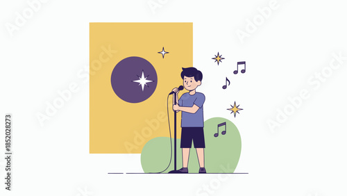 Young Boy Singing into a Microphone with Musical Notes and Stars.
