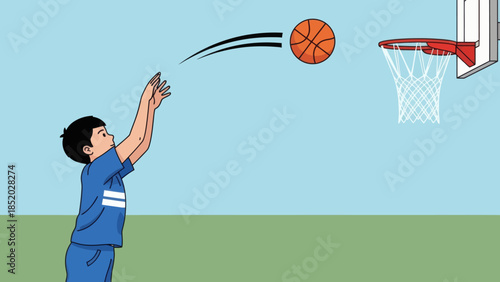 Young Boy Shooting a Basketball Towards the Hoop.