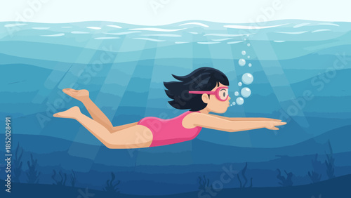Young girl in pink swimsuit swimming underwater with goggles and bubbles.
