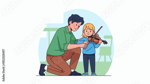Young girl learning to play violin with a male instructor.