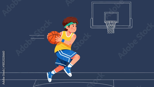 Young Male Basketball Player Dribbling Ball on Court.