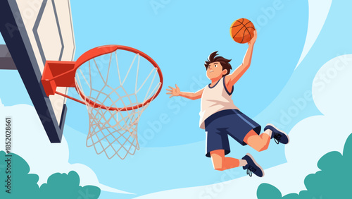 Young Male Basketball Player Dunking Ball on Court.