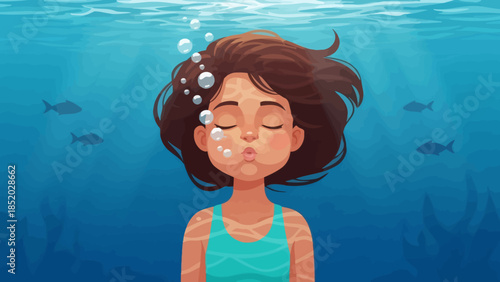 Young girl underwater with closed eyes and bubbles escaping her mouth.