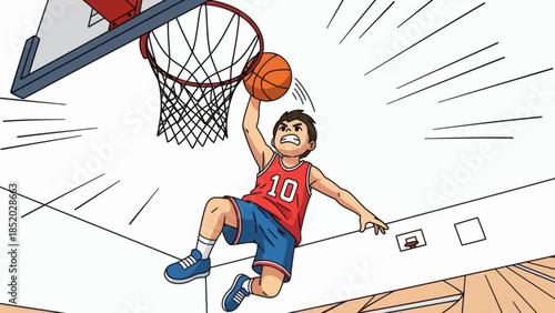 Young Male Basketball Player Dunking Ball in a Dynamic Action Shot.