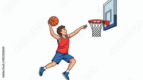 Young male basketball player in action performing a slam dunk on a white background.