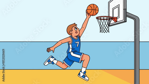 Young Male Basketball Player in Blue Jersey Dunking a Basketball.