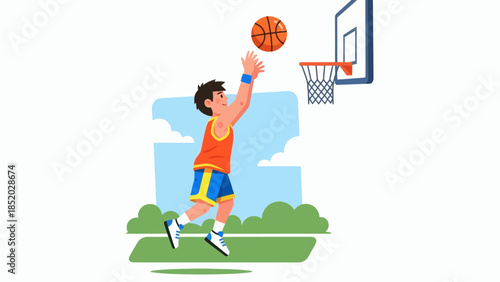 Young Male Basketball Player Shooting Ball into Hoop on Outdoor Court.