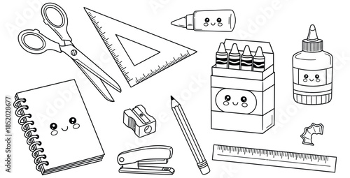 Adorable collection of kawaii style school supplies and stationery items for coloring and learning