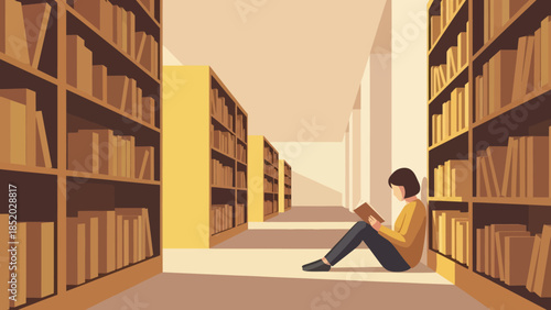 Young person reading a book on the floor in a library surrounded by bookshelves.