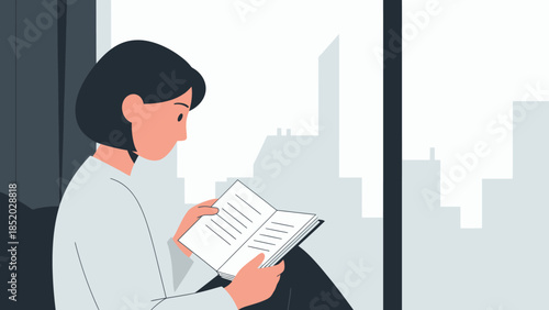 Young woman engrossed in reading a book by the window with city view.