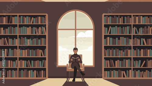 Young Man Reading a Book in a Grand Library with Tall Bookshelves and a Large Window.