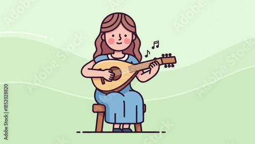 Young Woman Playing Mandolin with Musical Notes.