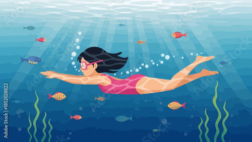 Young woman in pink swimsuit swimming underwater with fish and plants.