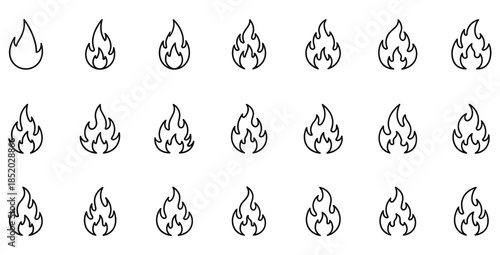 Collection of seventeen simple black outline icons representing various styles of burning fire on white background