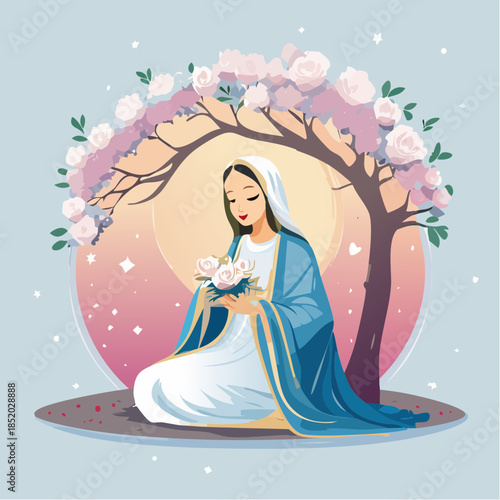 Serene depiction of Mother Mary under a blooming tree, surrounded by flowers, in a peaceful flat design illustration
