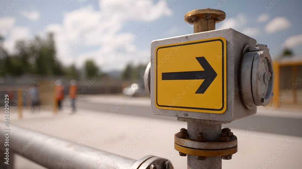 Fototapeta premium A yellow directional sign with a black arrow points right on an industrial pipe system outdoors