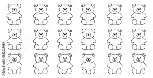 Cute teddy bear outline icons arranged in a repeating pattern perfect for coloring or craft projects