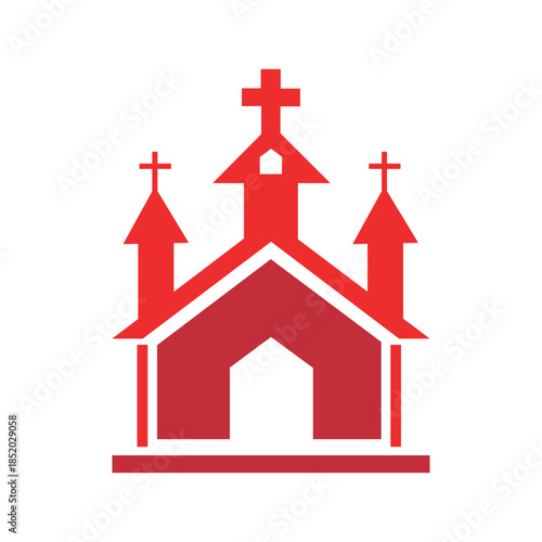 Stylized red church icon representing faith, community, and worship, a symbol of religious gathering and spiritual devotion presented in a minimalist graphic design