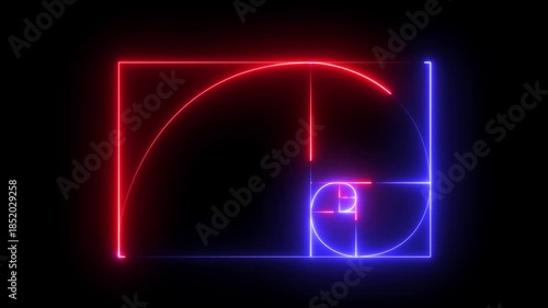 glowing neon Golden Ratio Fibonacci sequence golden number icon on black background. neon Fibonacci spiral golden ratio icon. 4k motion video.