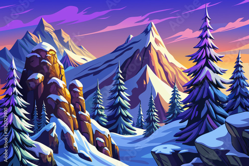 Snow covered pine trees stretch along a mountain cartoon ridge, emphasizing height, exposure, and dramatic winter scenery shaped by wind and elevation