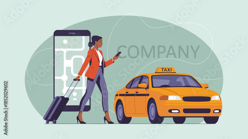 Woman booking taxi with smartphone illustration showing ride hailing service airport transfer and urban transportation concept with luggage