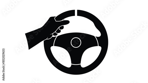 A black silhouette of a hand gripping a steering wheel vehicle control