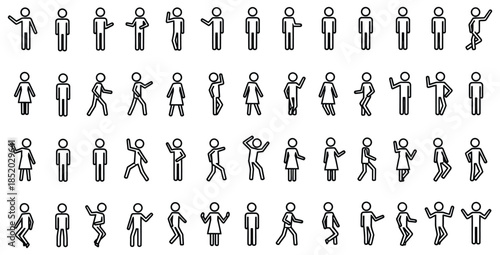 Collection of simple black and white stick figure icons depicting various human actions and poses