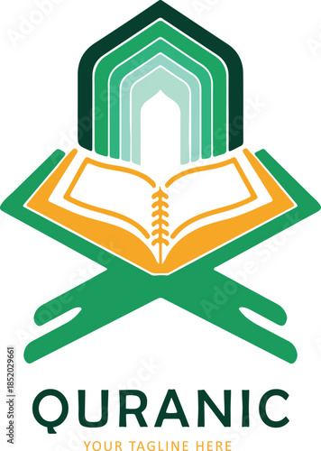 A captivating quranic logo design featuring a book on rehal and mosque dome