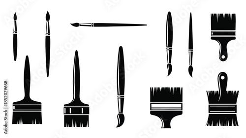 A collection of diverse painting brushes in a black and white style