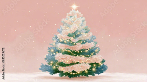 Beautifully decorated Christmas tree with glowing lights and star on top, set against soft pink background, evokes festive joy