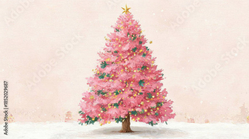Pink Christmas tree adorned with golden lights and ornaments stands snowy ground, evoking festive and joyful new year spirit