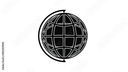 A simple black and white illustration of a globe with encircling lines