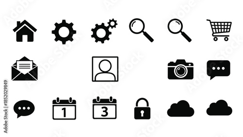 Collection of various black and white vector icons representing digital functions