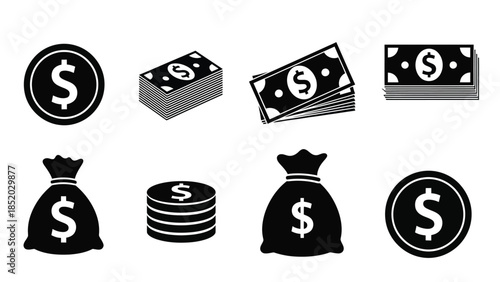 Black and white icons depicting stacks of money coins and money bags