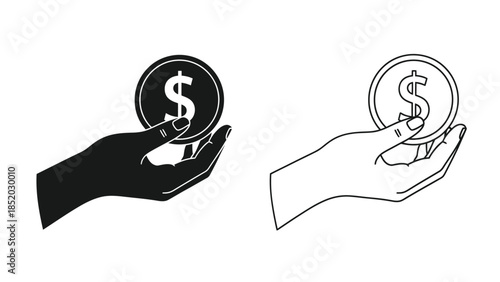 Hands exchanging money a black and white illustration of financial transaction