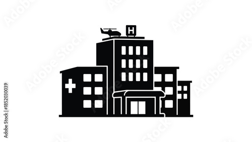 Hospital building with a helipad on top and medical cross symbol