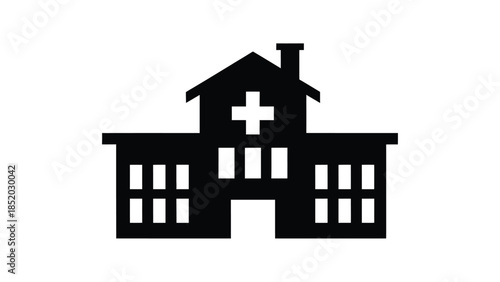 Simple black and white illustration of a hospital building with a plus sign